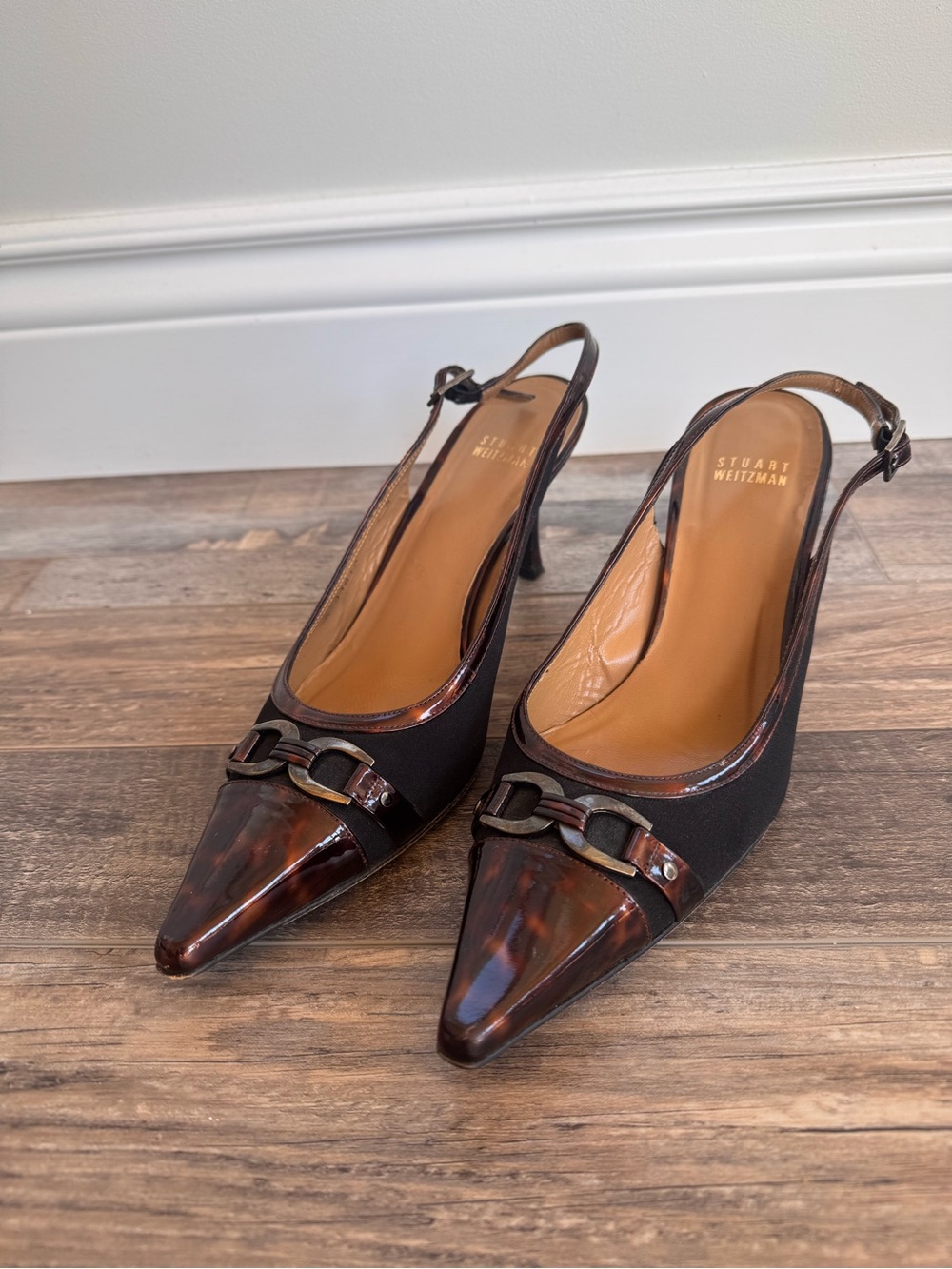 Stuart Weitzman Black and Tortoiseshell Pointed Slingback Heels